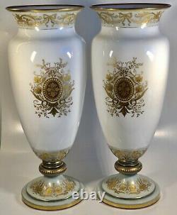 Pair of Large French Baccarat Opaline Gilt Portrait Vases of Beethoven & Mozart