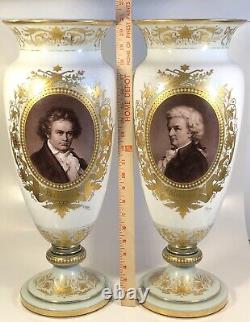 Pair of Large French Baccarat Opaline Gilt Portrait Vases of Beethoven & Mozart