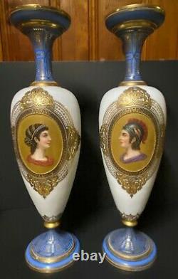 Pair of translucent trumpet shaped, gilded & painted, white & blue opaline vases