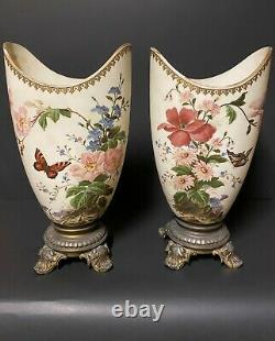 Paired, opaque, oval shaped, gilded & painted white opaline glass & bronze vases