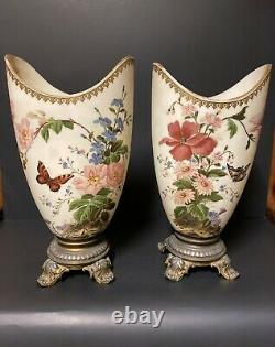 Paired, opaque, oval shaped, gilded & painted white opaline glass & bronze vases