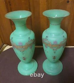 Paired, opaque, trumpet shaped, gilded green opaline glass vases