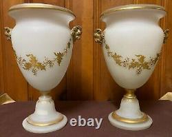 Paired translucent, cylinder shaped, engraved & gilded white opaline glass vases