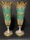Paired, translucent, trumpet shaped, gilded green & white opaline glass vases