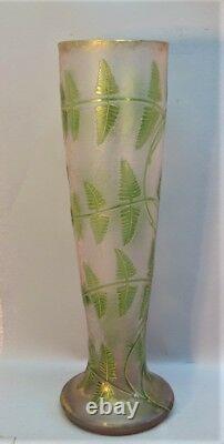 Pink 16 MONT JOYE FRENCH Art Nouveau Cameo Glass Vase FERNS c. 1910 antique