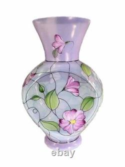 QVC Fenton Glass French Opalescent Vase Hand Painted Stained Glass Floral