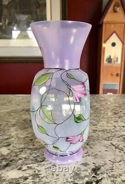 QVC Fenton Glass French Opalescent Vase Hand Painted Stained Glass Floral