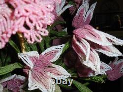 Quality Antique French Beaded Flowers With Leaves In Vase