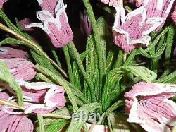 Quality Antique French Beaded Flowers With Leaves In Vase