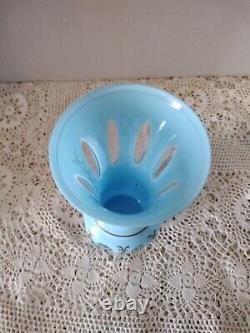 RARE 6.50 French Blue Opaline Cut Clear Art Glass Vase Hand Paint Gold Scroll