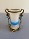 RARE ANTIQUE French White/Blue Opaline Ormolu Vase WithBronze Floral Design 4.75H