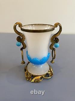 RARE ANTIQUE French White/Blue Opaline Ormolu Vase WithBronze Floral Design 4.75H