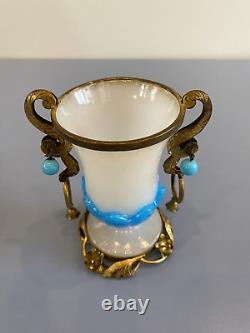 RARE ANTIQUE French White/Blue Opaline Ormolu Vase WithBronze Floral Design 4.75H