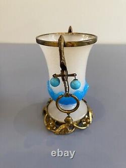 RARE ANTIQUE French White/Blue Opaline Ormolu Vase WithBronze Floral Design 4.75H