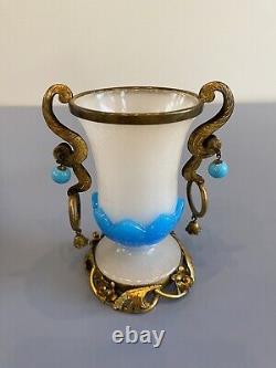 RARE ANTIQUE French White/Blue Opaline Ormolu Vase WithBronze Floral Design 4.75H