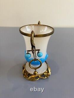 RARE ANTIQUE French White/Blue Opaline Ormolu Vase WithBronze Floral Design 4.75H