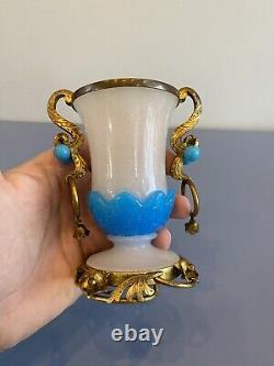RARE ANTIQUE French White/Blue Opaline Ormolu Vase WithBronze Floral Design 4.75H
