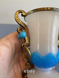 RARE ANTIQUE French White/Blue Opaline Ormolu Vase WithBronze Floral Design 4.75H