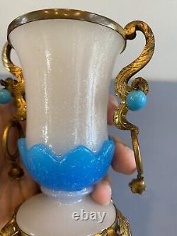 RARE ANTIQUE French White/Blue Opaline Ormolu Vase WithBronze Floral Design 4.75H