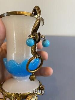 RARE ANTIQUE French White/Blue Opaline Ormolu Vase WithBronze Floral Design 4.75H