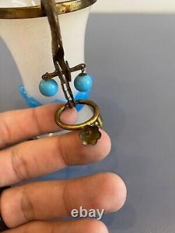 RARE ANTIQUE French White/Blue Opaline Ormolu Vase WithBronze Floral Design 4.75H