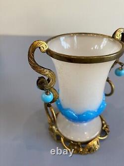 RARE ANTIQUE French White/Blue Opaline Ormolu Vase WithBronze Floral Design 4.75H