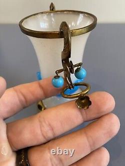 RARE ANTIQUE French White/Blue Opaline Ormolu Vase WithBronze Floral Design 4.75H