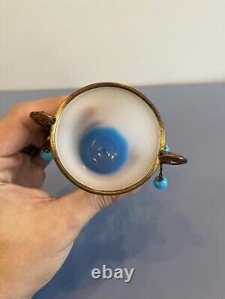 RARE ANTIQUE French White/Blue Opaline Ormolu Vase WithBronze Floral Design 4.75H