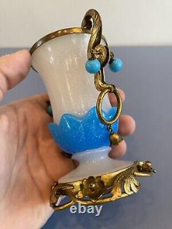 RARE ANTIQUE French White/Blue Opaline Ormolu Vase WithBronze Floral Design 4.75H