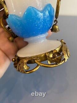 RARE ANTIQUE French White/Blue Opaline Ormolu Vase WithBronze Floral Design 4.75H