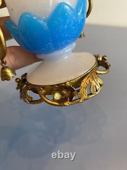 RARE ANTIQUE French White/Blue Opaline Ormolu Vase WithBronze Floral Design 4.75H