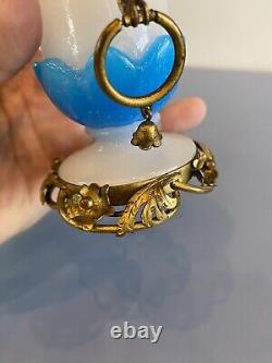 RARE ANTIQUE French White/Blue Opaline Ormolu Vase WithBronze Floral Design 4.75H