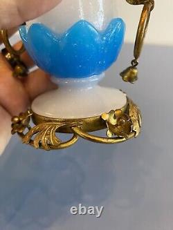 RARE ANTIQUE French White/Blue Opaline Ormolu Vase WithBronze Floral Design 4.75H