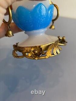 RARE ANTIQUE French White/Blue Opaline Ormolu Vase WithBronze Floral Design 4.75H