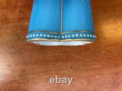 RARE Antique French Art Glass HP Enameled Cased Blue Opaline Epergne Vase
