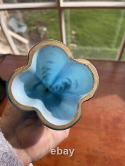 RARE Antique French Art Glass HP Enameled Cased Blue Opaline Epergne Vase
