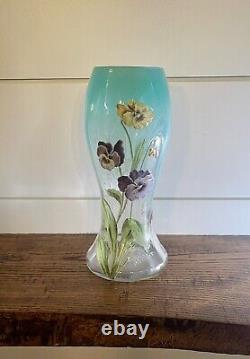 RARE Estate Large Mont Joye French Art Glass & Enamel Vase with Pansies-C. 1910