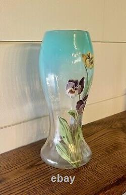 RARE Estate Large Mont Joye French Art Glass & Enamel Vase with Pansies-C. 1910
