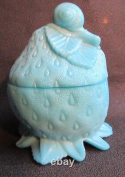 RARE French box blue milk glass, signed PORTIEUX Snail on a Strawberry 2/2