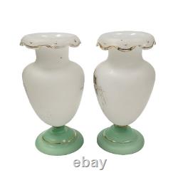 RARE Pair of French Opaline Gold Enameled 7.5H Bristol Glass Vases, Green Bases