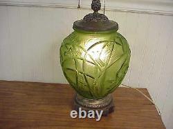 R. Lalique France Green Glass Sauterelles Grasshoppers Vase 11 Electrified Lamp