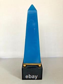 Rare Antique French Blue Opalescent Glass Obelisk on Wooden Base