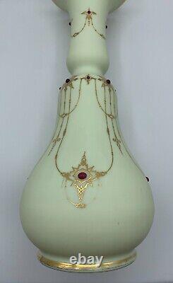 Rare Baccarat Uranium Opaline Jeweled Bohemian Glass Vase French Enamel Trumpet