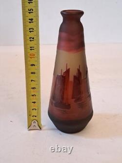 Rare Emile Gallé Cameo Glass Vase with Boats Ship Scene Signed Art Nouveau