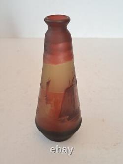 Rare Emile Gallé Cameo Glass Vase with Boats Ship Scene Signed Art Nouveau