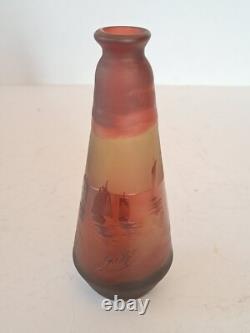 Rare Emile Gallé Cameo Glass Vase with Boats Ship Scene Signed Art Nouveau