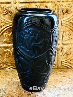 Rare Lalique Black Crystal Reclining Nudes Hesperides Vase 9.3 Perfection