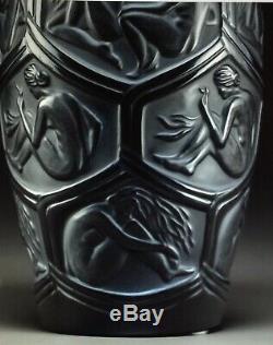 Rare Lalique Black Crystal Reclining Nudes Hesperides Vase 9.3 Perfection