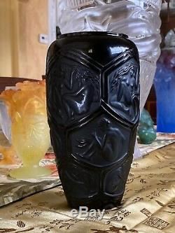 Rare Lalique Black Crystal Reclining Nudes Hesperides Vase 9.3 Perfection