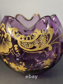 Rare! Mont Joye Legras Amethyst Rose Bowl With Gold Enameled Decor. Beautifull